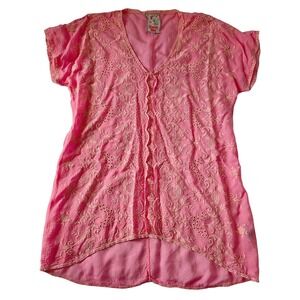 Johnny Was Pink Cupra Embroidered Boho Tunic Top XS High Low V-Neck Boho